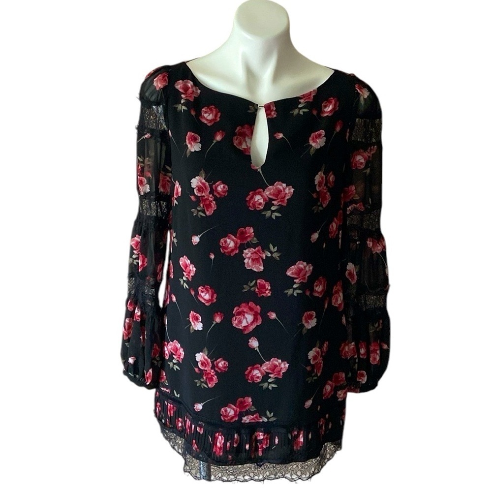 White House Black Market Black Mauve Floral Long Sleeve Tunic/Mini Dress Size 6